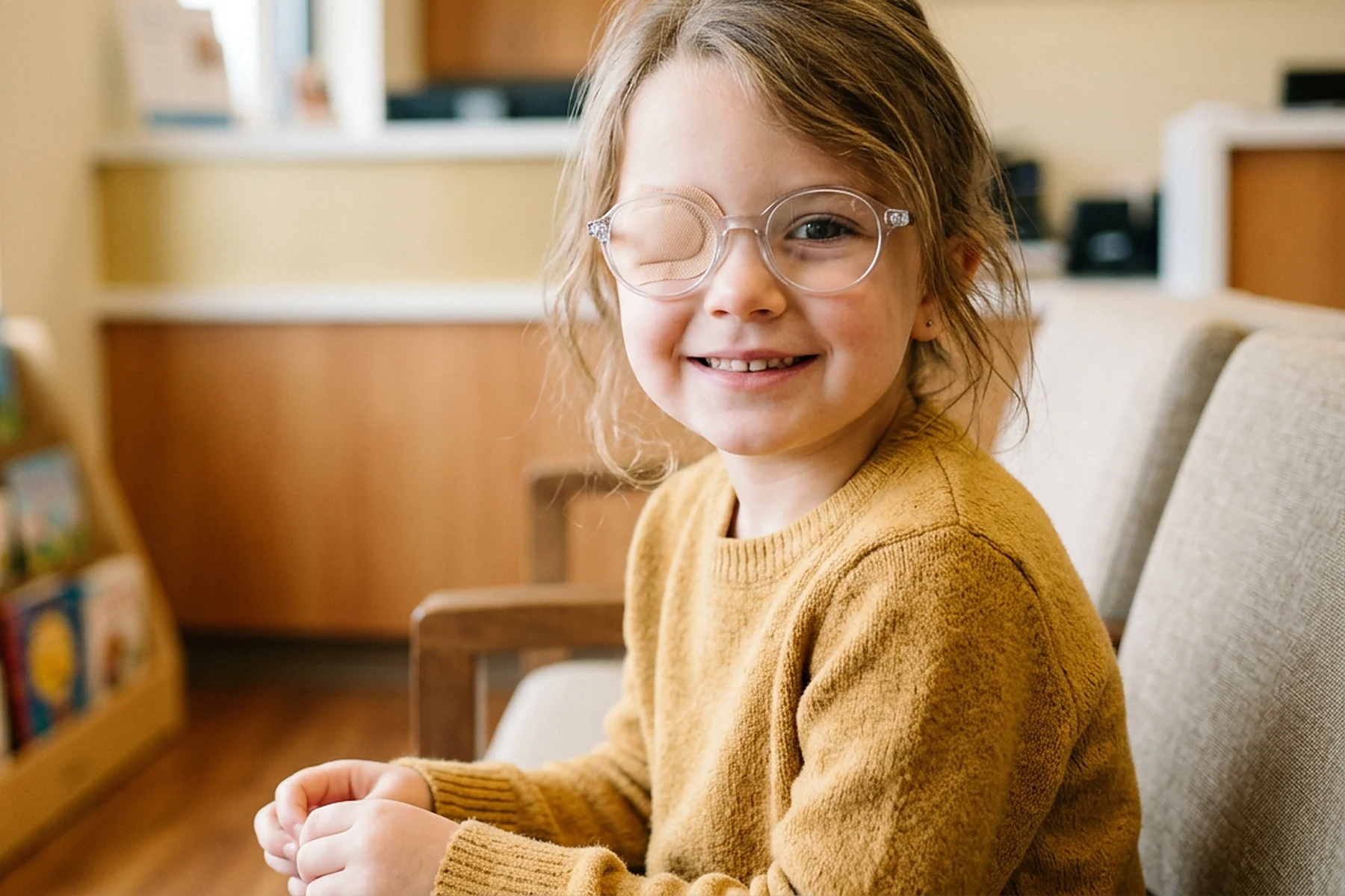 Criança sorrindo, de óculos, com um tampão ocular sobre um dos olhos