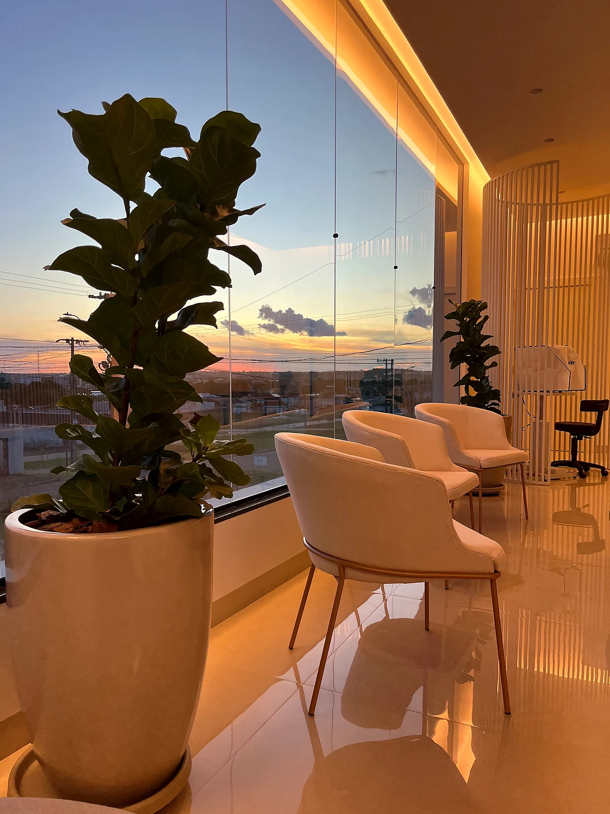 Poltronas junto à janela, com a luz do fim da tarde
