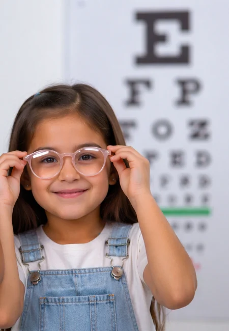 Menina de óculos sorrindo diante de uma tabela de optótipos